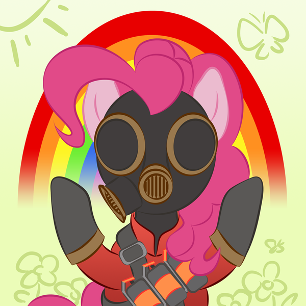 Size: 1000x1000 | Tagged: artist:farkye, derpibooru import, pinkie pie, pyro, pyroland, rainbow, safe, solo, team fortress 2