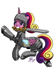 Size: 700x990 | Tagged: armor, artist:projectzuel, derpibooru import, mouth hold, princess cadance, safe, solo, sword, weapon