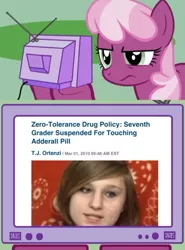 Size: 509x687 | Tagged: cheerilee, derpibooru import, exploitable meme, human, irl, irl human, meme, news, obligatory pony, photo, safe, text, tv meme, zero tolerance