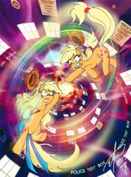 Size: 2031x2732 | Tagged: applejack, artist:egstudiomexico, bow, clone, cover, derpibooru import, doctor who, falling, fanfic, safe, self ponidox, tardis