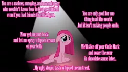 Size: 1280x720 | Tagged: semi-grimdark, derpibooru import, edit, pinkie pie, earth pony, pony, abuse, female, food, mare, pinkamena diane pie, pinkiebuse, psychological torture, text, text edit, whipped cream, whipped cream background pony