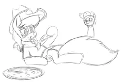 Size: 1025x694 | Tagged: apple family member, artist:zanezandell, beauty brass, derpibooru import, eating, fiddlesticks, food, meat, monochrome, pepperoni, pepperoni pizza, pizza, safe