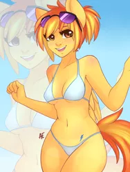 Size: 1200x1600 | Tagged: suggestive, artist:spittfireart, derpibooru import, spitfire, anthro, belly, belly button, bikini, breasts, clothes, colored skin, cute, cutefire, female, human facial structure, image, png, sexy, solo, solo female, swimsuit