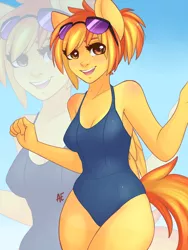 Size: 1200x1600 | Tagged: anthro, artist:spittfireart, blushing, clothes, cute, cutefire, derpibooru import, female, glasses, human facial structure, one-piece swimsuit, open mouth, safe, school swimsuit, solo, spitfire, sukumizu, swimsuit