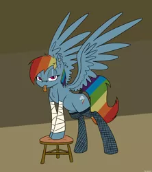 Size: 2000x2250 | Tagged: suggestive, artist:scherzo, derpibooru import, rainbow dash, bipedal, bipedal leaning, clothes, female, fishnets, fractured loyalty, leaning, piercing, pinup, solo, solo female, stockings, thigh highs, tongue out