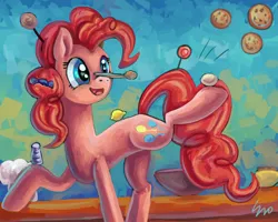 Size: 2199x1755 | Tagged: artist:erovoid, balance, balancing, candy, cooking, derpibooru import, egg (food), food, lemon, pinkie pie, ponies balancing stuff on their nose, safe, solo, spoon