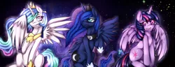 Size: 1500x576 | Tagged: safe, artist:mixipony, derpibooru import, princess celestia, princess luna, twilight sparkle, twilight sparkle (alicorn), alicorn, pony, female, mare