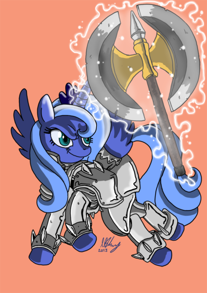 Size: 700x990 | Tagged: armor, artist:projectzuel, axe, derpibooru import, female, filly, magic, princess luna, s1 luna, safe, simple background, solo, warrior luna, weapon, woona, younger