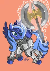 Size: 700x990 | Tagged: armor, artist:projectzuel, axe, derpibooru import, female, filly, magic, princess luna, s1 luna, safe, simple background, solo, warrior luna, weapon, woona, younger