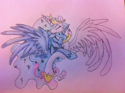 Size: 1024x765 | Tagged: artist:elskafox, derpibooru import, hug, princess celestia, princess luna, safe, traditional art