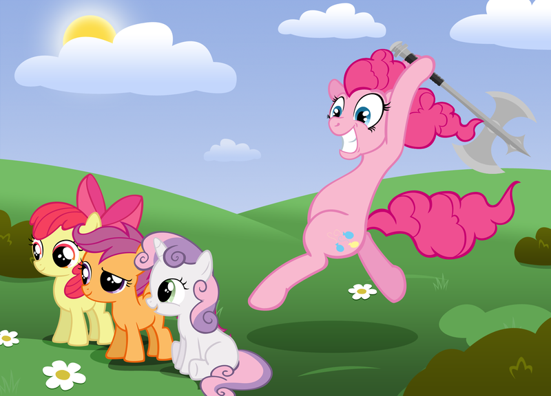 Size: 1800x1296 | Tagged: safe, artist:moongazeponies, derpibooru import, apple bloom, pinkie pie, scootaloo, sweetie belle, earth pony, pegasus, pony, unicorn, abuse, applebuse, axe, cutie mark crusaders, female, filly, imminent death, mare, scootabuse, sweetiebuse, weapon