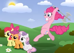 Size: 1800x1296 | Tagged: safe, artist:moongazeponies, derpibooru import, apple bloom, pinkie pie, scootaloo, sweetie belle, earth pony, pegasus, pony, unicorn, abuse, applebuse, axe, cutie mark crusaders, female, filly, imminent death, mare, scootabuse, sweetiebuse, weapon