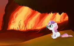 Size: 2520x1575 | Tagged: semi-grimdark, artist:i-am-knot, derpibooru import, sweetie belle, butterfly, pony, robot, unicorn, friendship is witchcraft, dark, female, field, filly, fire, foal, hooves, horn, open mouth, sitting, solo, sweetie bot