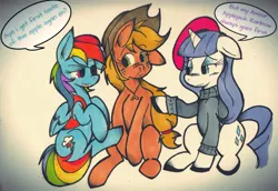 Size: 1280x883 | Tagged: artist needed, safe, derpibooru import, applejack, rainbow dash, rarity, appledash, beatnik rarity, beret, blood, clothes, female, hat, lesbian, liarjack, nosebleed, ot3, pirate dash, polyamory, raridash, rarijack, rarijackdash, shipping, speech bubble, sweater, traditional art