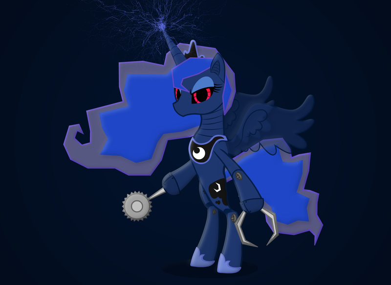 Size: 2200x1600 | Tagged: artist:ask-artila, bipedal, claw, derpibooru import, electricity, lunabotic, princess luna, robot, safe, saw, sawblade, solo