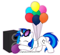 Size: 2156x1992 | Tagged: safe, artist:zomgitsalaura, derpibooru import, vinyl scratch, unicorn, balloon, blowing up balloons, female, mare, solo, speakers