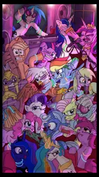 Size: 4973x8791 | Tagged: semi-grimdark, artist:toonlancer, derpibooru import, applejack, berry punch, berryshine, derpy hooves, fluttershy, gilda, lyra heartstrings, photo finish, pinkie pie, princess cadance, princess celestia, princess luna, rainbow dash, rarity, shining armor, trixie, twilight sparkle, vinyl scratch, gryphon, pegasus, pony, absurd resolution, alcohol, beer, blood, drink, drinking, drunk, female, fight, glowstick, mane six, mare, martini, microphone, party, rave, royal guard, turntable, vomit, wine