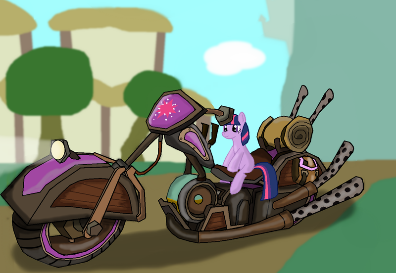 Size: 1466x1012 | Tagged: artist:zergrex, derpibooru import, motorcycle, safe, sitting, smiling, solo, twilight sparkle, warcraft, world of warcraft