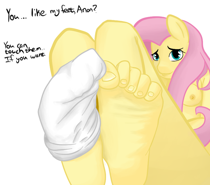 Size: 775x681 | Tagged: anthro, artist:companioncube, barefoot, breasts, clothes, derpibooru import, dialogue, feet, female, fetish, fluttershy, foot fetish, foot focus, nipples, nudity, plantigrade anthro, questionable, socks, solo, solo female, text