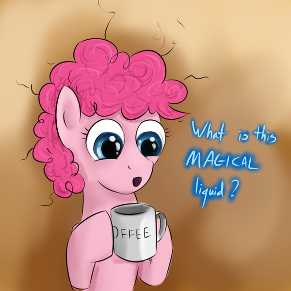 Size: 1600x1600 | Tagged: artist:brainedbysaucepans, coffee, cup, derpibooru import, dialogue, female, filly, pinkie found the coffee, pinkie pie, safe, solo, xk-class end-of-the-world scenario