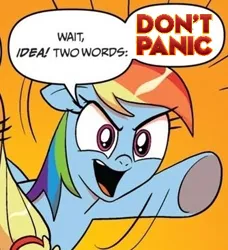 Size: 334x366 | Tagged: applejack, comic, derpibooru import, don't panic, exploitable meme, hitchhiker's guide to the galaxy, idw, meme, obligatory pony, rainbow dash, safe, two words meme