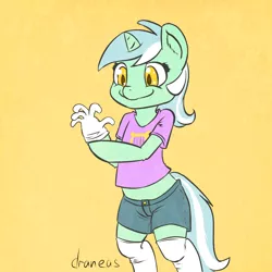 Size: 1000x1000 | Tagged: safe, artist:draneas, derpibooru import, lyra heartstrings, pony, unicorn, 30 minute art challenge, bipedal, clothes, colored pupils, gloves, rubber gloves, shirt, shorts, smiling, socks, solo, t-shirt