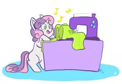 Size: 930x648 | Tagged: artist:mt, derpibooru import, safe, sewing machine, singing, solo, sweetie belle