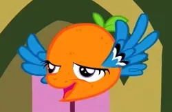 Size: 269x174 | Tagged: bird, chickun, cropped, derpibooru import, edit, edited screencap, exploitable meme, faic, food, forced meme, inanimate tf, meme, orange, orangified, safe, scootaloo, screencap, solo, too many pinkie pies, transformation, what has science done