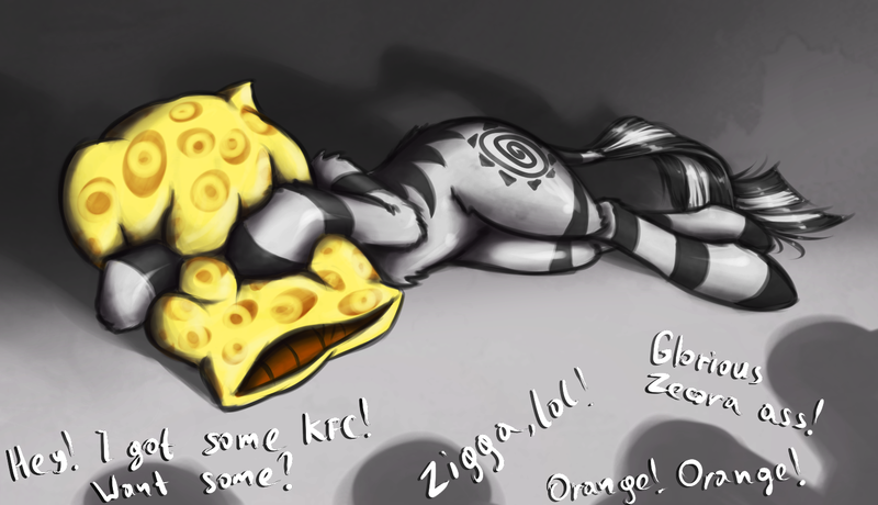 Size: 1500x863 | Tagged: abuse, artist:madhotaru, bully, bullying, derpibooru import, disembodied thoughts, feels, food, humiliation, orange, pillow, racism, sad, safe, sexual harassment, tear jerker, woobie, zebra, zecora, zecorabuse, zigga, ziggers