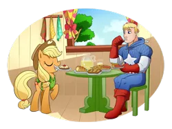 Size: 1069x800 | Tagged: apple, applejack, apple pie, artist:madmax, captain america, crossover, derpibooru import, food, glass, human, juice, marvel, pie, pudding, safe