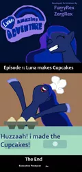 Size: 774x1608 | Tagged: safe, artist:zergrex, derpibooru import, princess luna, alicorn, pony, baking, comic, cupcake, female, food, logo parody, mare, solo, text