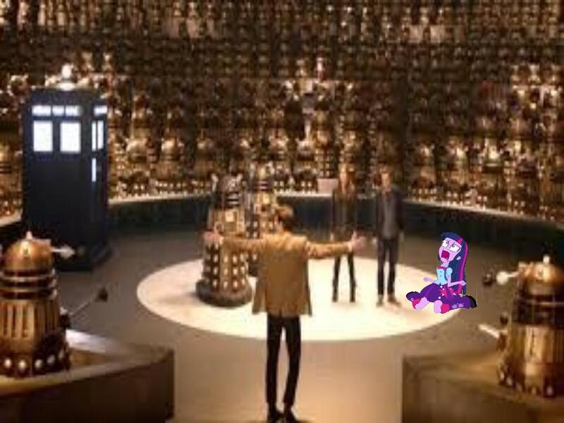 Size: 960x720 | Tagged: safe, derpibooru import, twilight sparkle, equestria girls, equestria girls (movie), asylum of the daleks, dalek, daleks, doctor who, exploitable meme, meme, poor quality, tardis, twiscream