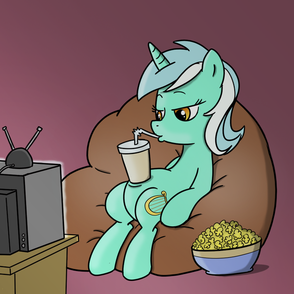 Size: 1000x1000 | Tagged: source needed, safe, artist:madmax, derpibooru import, lyra heartstrings, pony, unicorn, beanbag chair, drink, drinking, food, human behavior, meme, popcorn, sitting, sitting lyra, soda, solo, television