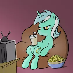 Size: 1000x1000 | Tagged: source needed, safe, artist:madmax, derpibooru import, lyra heartstrings, pony, unicorn, beanbag chair, drink, drinking, food, human behavior, meme, popcorn, sitting, sitting lyra, soda, solo, television