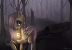 Size: 2961x2052 | Tagged: artist:ouyrof, dark, derpibooru import, fluttershy, forest, glow, lantern, mouth hold, safe, solo