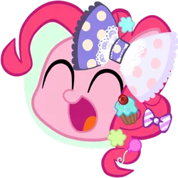 Size: 512x512 | Tagged: artist:momo, askharajukupinkiepie, balloon, bow, cupcake, cute, derpibooru import, diapinkes, eyes closed, food, hairclip, happy, harajuku, head only, pinkie pie, ribbon, safe, solo