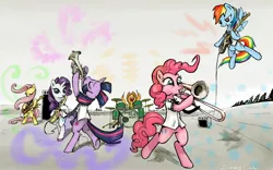 Size: 1920x1200 | Tagged: safe, artist:almaska, derpibooru import, applejack, fluttershy, pinkie pie, rainbow dash, rarity, twilight sparkle, pony, arm hooves, band, bass guitar, bipedal, clothes, drums, electric guitar, eyes closed, flying, grin, guitar, hoof hold, looking at you, mane six, music, musical instrument, saxophone, ska, smiling, trombone, trumpet