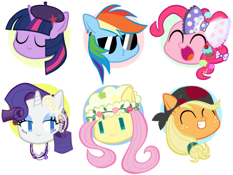 Size: 1280x962 | Tagged: applejack, artist:momo, askharajukupinkiepie, bandana, beret, bow, derpibooru import, fluttershy, happy, hat, mane six, pinkie pie, rainbow dash, rarity, safe, smiling, sunglasses, twilight sparkle