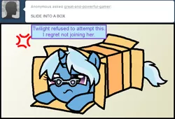 Size: 692x471 | Tagged: safe, artist:great-and-powerful-gamer, derpibooru import, trixie, pony, unicorn, box, female, filly, glasses, mare, sliding ponies, solo, tumblr