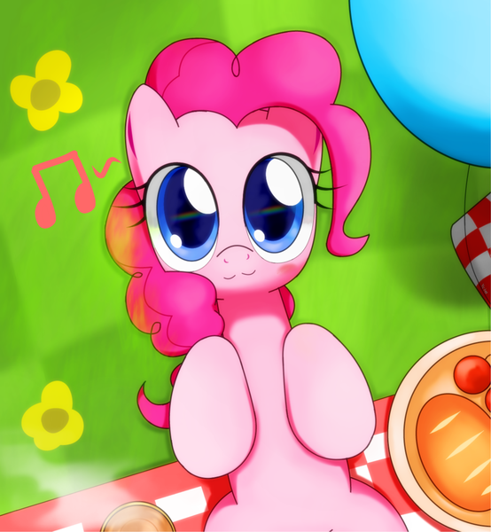 Size: 1200x1300 | Tagged: safe, artist:hoyeechun, derpibooru import, pinkie pie, earth pony, pony, balloon, cute, diapinkes, female, flower, looking at you, mare, music notes, on back, picnic, picnic blanket, solo