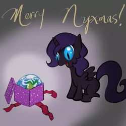 Size: 1000x1000 | Tagged: safe, artist:sunsomething, derpibooru import, oc, oc:nyx, unofficial characters only, alicorn, box, earth, happy, nyxmas, planet, present, solo, world