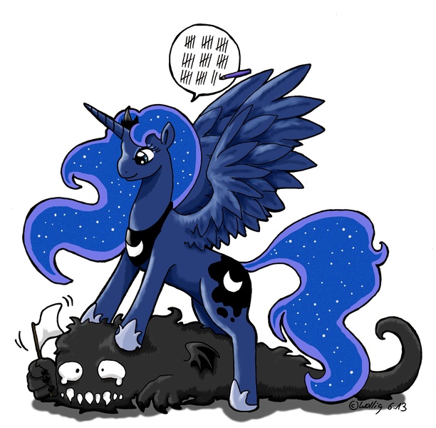 Size: 2242x2198 | Tagged: artist:wollfisch, derpibooru import, monster, nightmare, princess luna, safe, simple background, tally marks, teary eyes, white flag