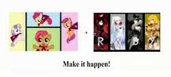 Size: 3174x1430 | Tagged: apple bloom, babs seed, blake belladonna, cutie mark crusaders, derpibooru import, exploitable meme, make it happen, meme, ruby rose, rwby, safe, scootaloo, sweetie belle, weiss schnee, yang xiao long