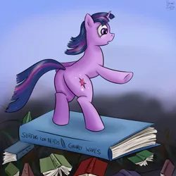 Size: 1280x1280 | Tagged: artist:brainedbysaucepans, book, butt, derpibooru import, pile, plot, safe, solo, surfing, twilight sparkle