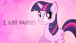 Size: 1920x1080 | Tagged: artist:zelatynowy, caption, derpibooru import, image macro, implied farting, safe, solo, text, twilight fartle, twilight sparkle, wallpaper