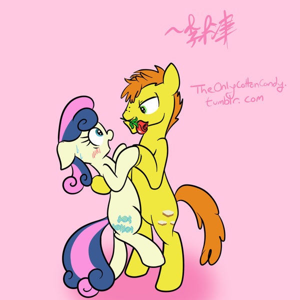 Size: 1000x1000 | Tagged: safe, artist:lightningnickel, derpibooru import, bon bon, carrot cake, sweetie drops, pony, 30 minute art challenge, bipedal, blushing, female, flower, flower in mouth, male, mouth hold, rose, shipping, signature, straight, suave