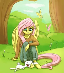 Size: 961x1083 | Tagged: angel bunny, anthro, artist:siden, clothes, derpibooru import, drool, fluttershy, hooves, safe, sleeping, sweater, sweatershy, unguligrade anthro