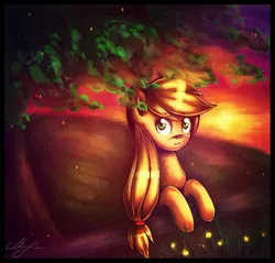 Size: 1216x1161 | Tagged: applejack, artist:crazyrainbow0, derpibooru import, fence, safe, solo, sunset, tree