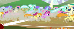 Size: 1259x501 | Tagged: safe, derpibooru import, edit, edited screencap, screencap, berry punch, berryshine, bon bon, carrot top, golden harvest, linky, lyra heartstrings, orchid dew, shoeshine, sweetie drops, earth pony, pony, unicorn, fall weather friends, animated, background pony, dust cloud, female, galloping, loop, mare, multeity, race, racing, running
