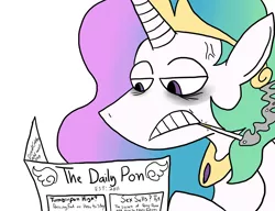 Size: 1280x985 | Tagged: safe, artist:order border, derpibooru import, princess celestia, alicorn, pony, cigarette, drunk celestia, newspaper, smoking, solo, the daily pon